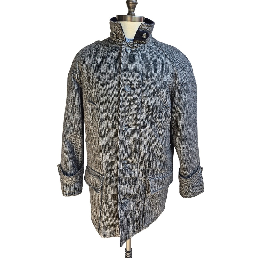Rodex Custom Made Mens Herringbone Tweed Car Coat Gray Tweed Wool Jacket Sz L